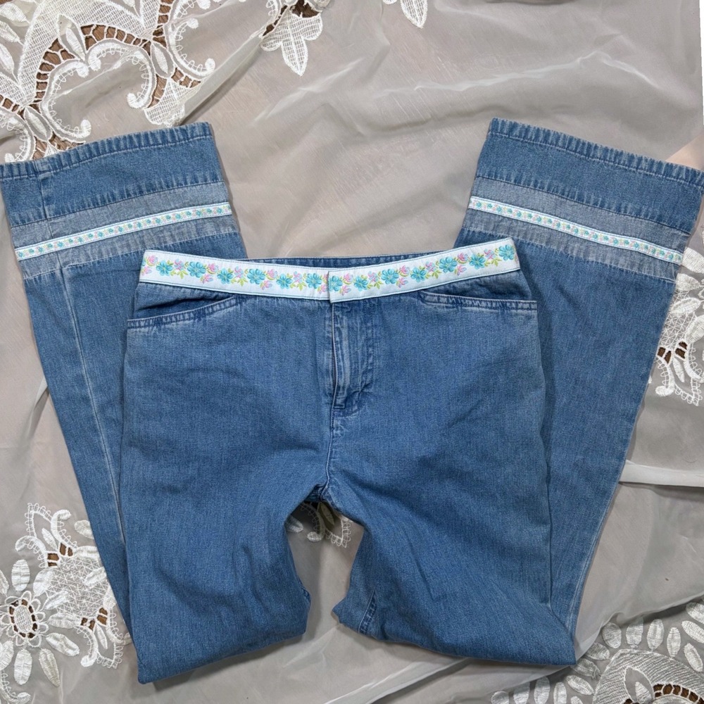 Cottagecore Casual Corner Annex Petite Blue Denim Floral Trim Jeans Straight Leg
